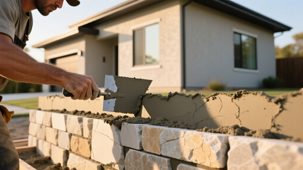 Mason troweling Type S mortar onto a weather-resistant barrier before applying natural limestone veneer to an exterior home facade