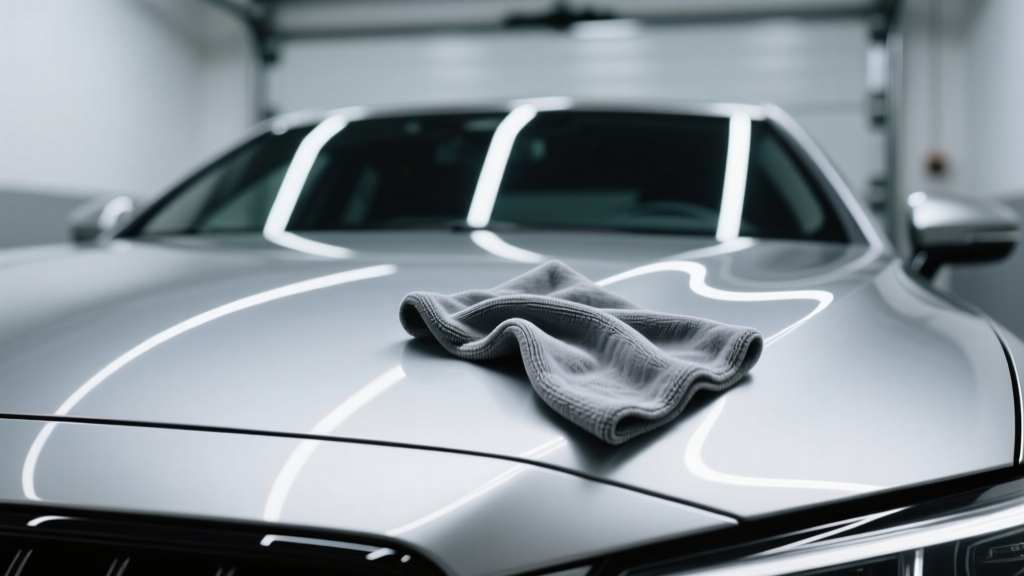 Macro shot of a car hood showing a light swirl mark buffed out by a gray nano-cloth under bright LED garage lighting.