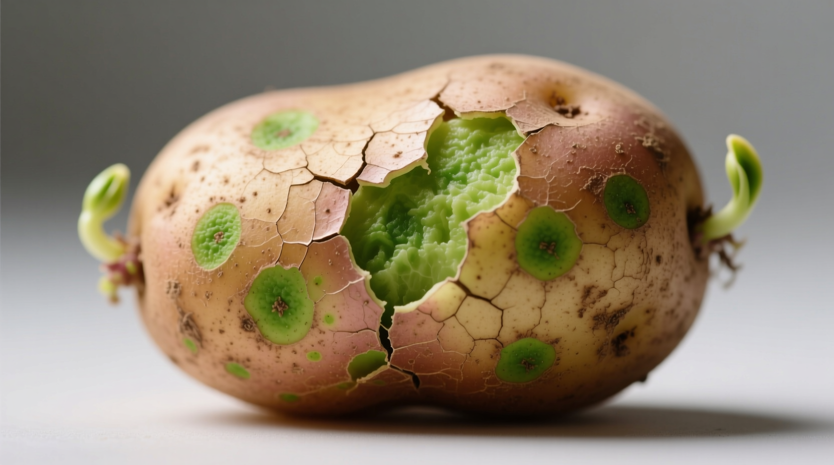 Close-up of potato with green spots under skin