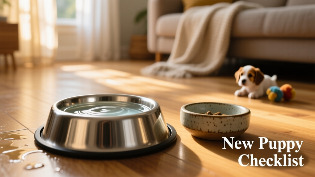 A close-up of a stainless steel dog bowl filled with fresh water next to a small ceramic food dish