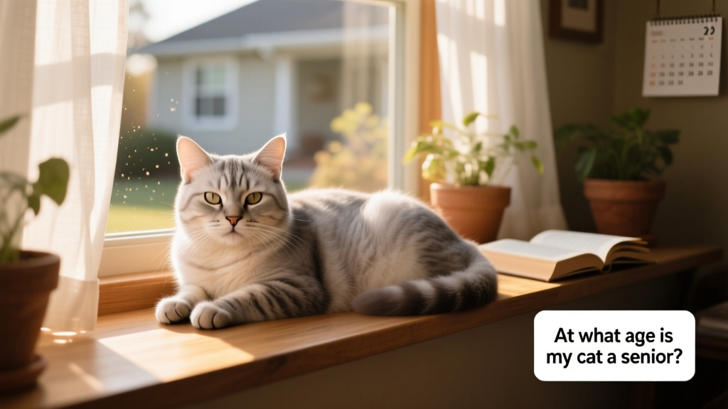 A calm, silver-furred senior cat resting peacefully on a sunlit windowsill