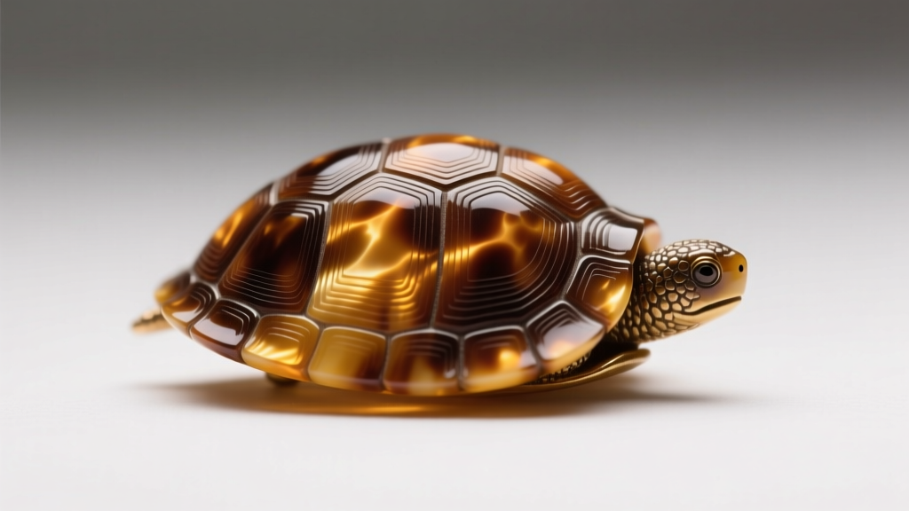 Macro view of an antique tortoise shell brooch showing natural amber and brown mottled patterns under soft studio lighting