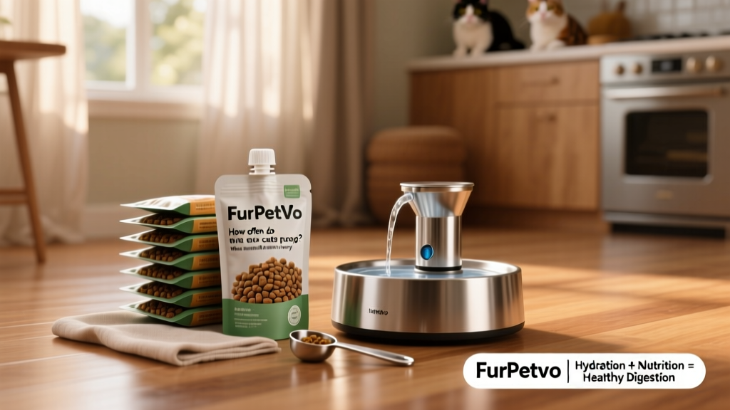 Stack of FurPetVo wet food pouches and dry kibble beside a stainless-steel water fountain and measuring spoon—highlighting hydration and nutrition synergy