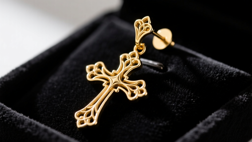 Macro shot of a 14k gold gothic cross dangle earring with a secure locking ear nut, resting on a dark velvet jewelry display tray.