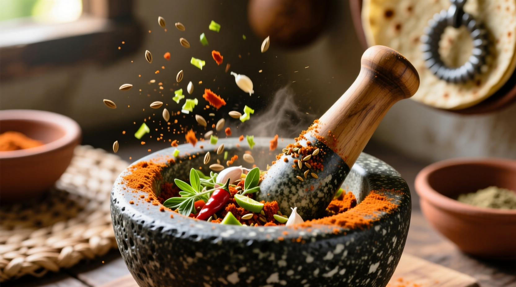 Freshly ground taco spices in mortar and pestle