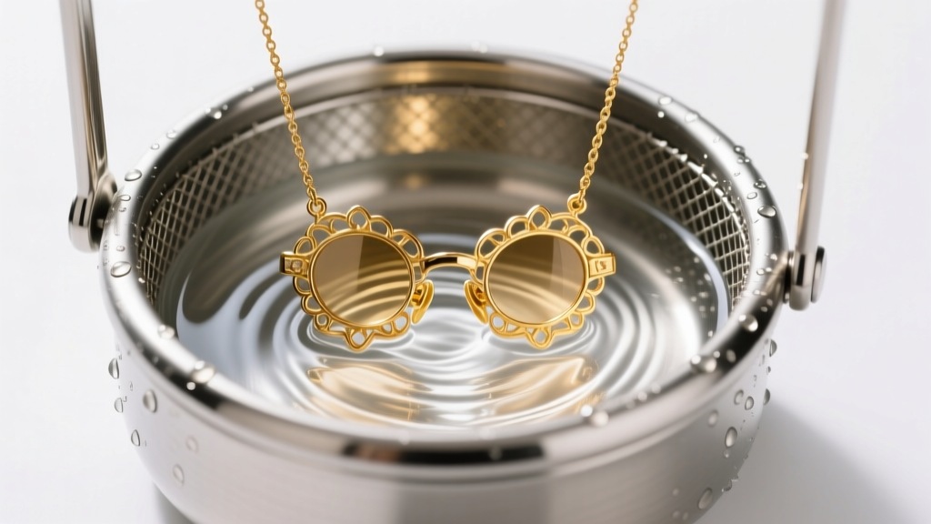 Gold vermeil spectacle necklace submerged in a small stainless steel ultrasonic jewelry cleaner basket with gentle water ripples