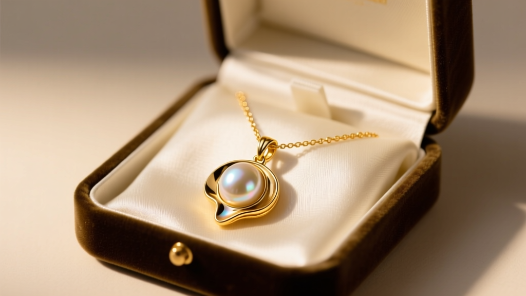 Open velvet box revealing an 18k gold vermeil pendant necklace with a baroque pearl on ivory silk fabric in warm, soft lighting