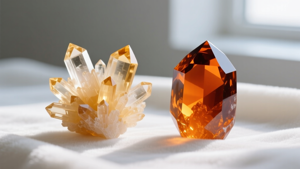 Macro photo of a pale natural citrine crystal cluster beside a deep orange heat-treated amethyst specimen on white velvet.