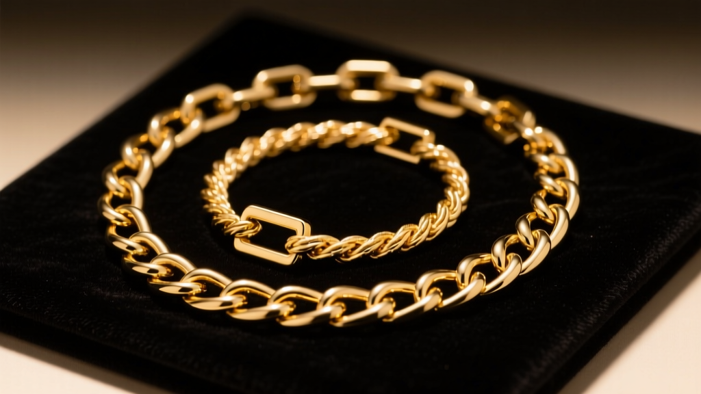 Close-up of various gold chain links like curb, rope, and box arranged on a dark velvet display pad under warm studio lighting.