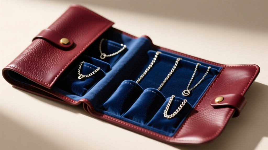 Open leather jewelry travel roll revealing individual velvet pockets with silver chains secured by snap closures to prevent tangles