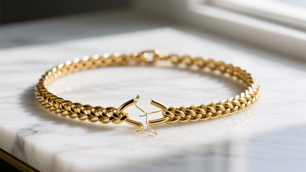 Kinked gold herringbone necklace chain resting on white marble, showing irreversible structural damage to the delicate woven links.