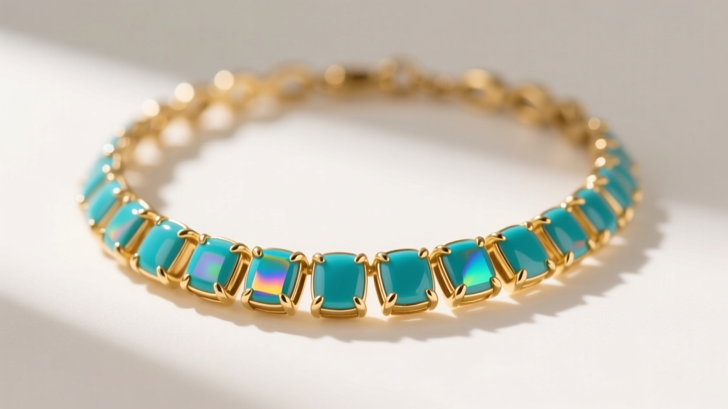 Macro shot of gold-plated brass statement necklace with turquoise enamel, highlighting PVD coating and prong settings.
