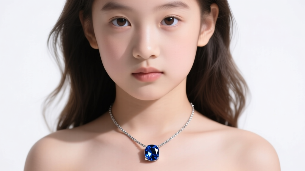 Young girl wearing a hypoallergenic titanium pendant necklace with a blue sapphire, soft studio lighting on the polished metal