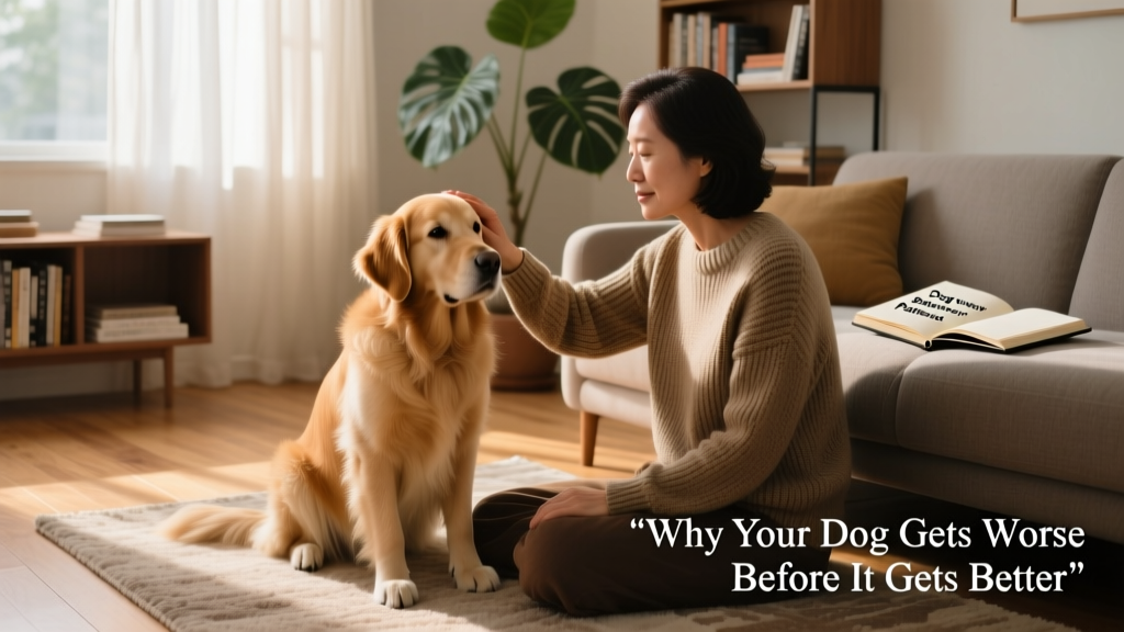 A calm dog sitting beside its owner on a living room floor, both relaxed and focused