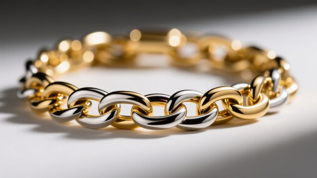 Close-up of a gold vermeil chain revealing thick micron plating over a silver core, lit by dramatic directional studio light