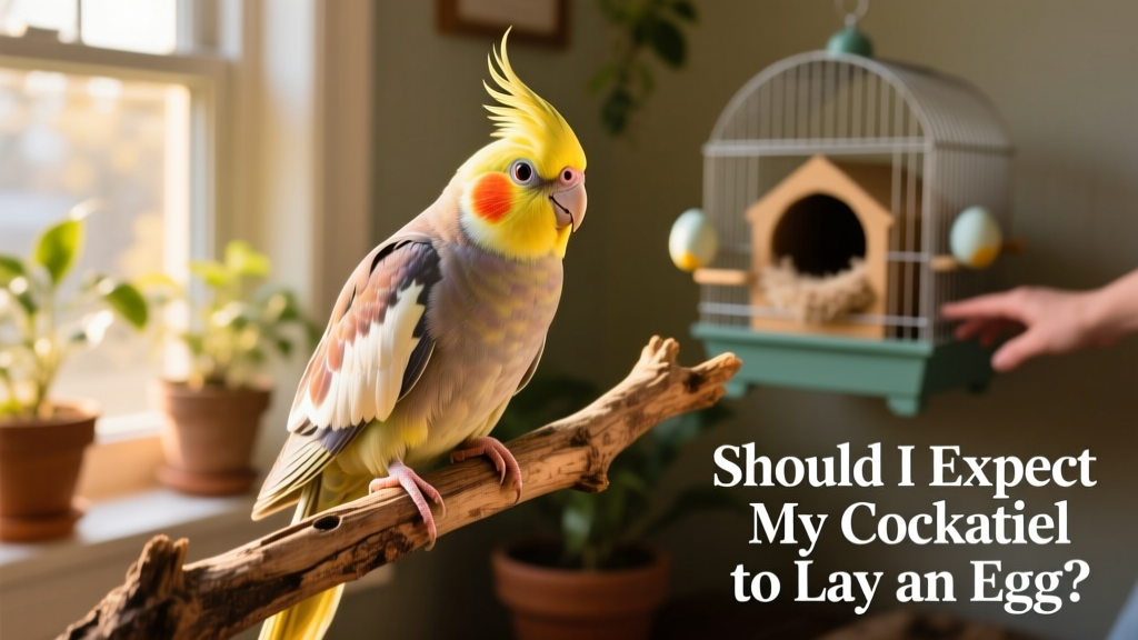 Female cockatiel perched calmly on a branch, looking alert and healthy