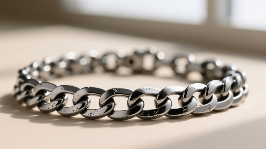 Macro shot of a brushed titanium Cuban link chain necklace showing intricate interlocking links and a cool grey metallic finish.