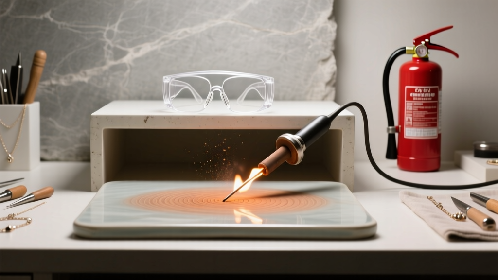 Organized jewelry workbench featuring a fireproof ceramic soldering board, clear safety glasses, and a small red extinguisher