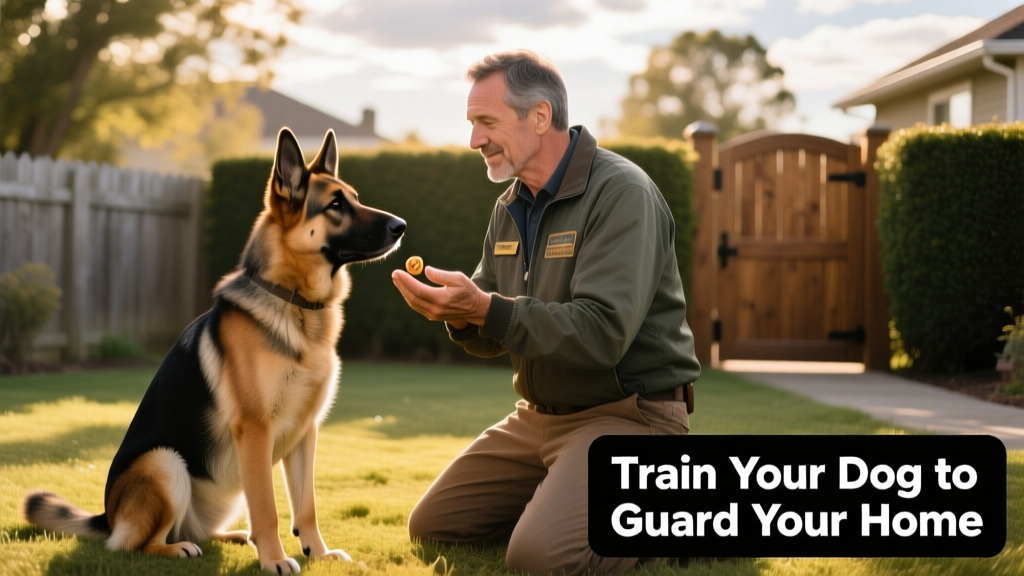 A trainer calmly praising a dog outdoors after a successful alert response, with treat in hand