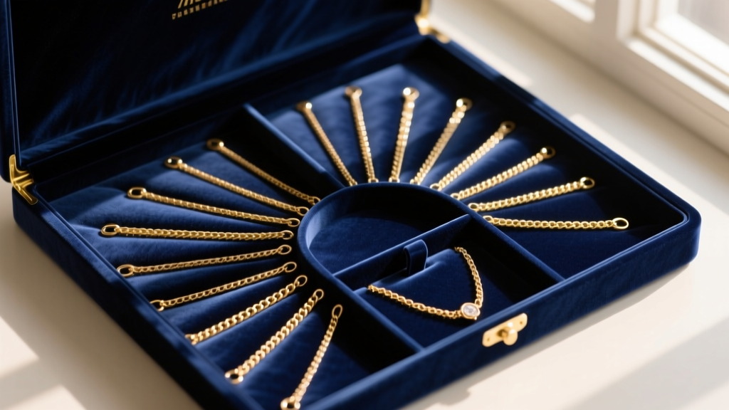 Overhead view of a velvet-lined necklace box organizer with gold chains neatly spaced under soft warm directional lighting.