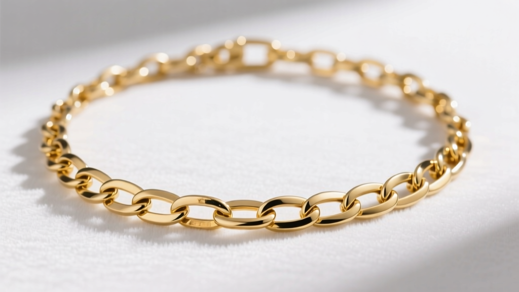 Stretched 18k gold Figaro chain link gold necklace laid flat on white velvet, highlighting thinning stress points at the links.