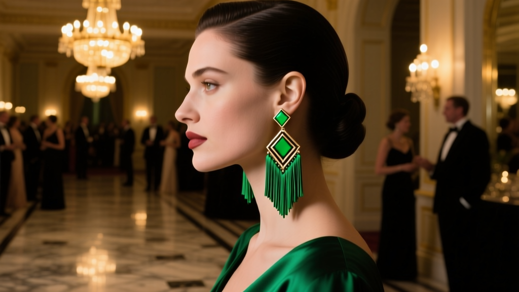 A woman wearing striking art deco fringe tassel earrings with emerald accents, photographed in profile at a dimly lit gala