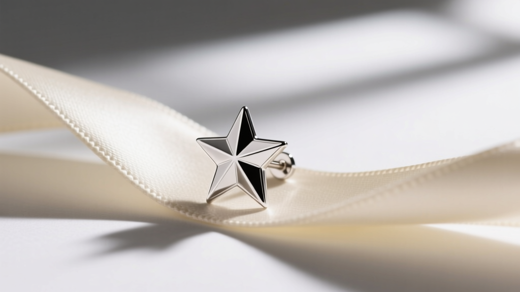 Close-up of a sterling silver Agnes b star stud earring resting on cream silk ribbon, illuminated by soft natural window lighting.