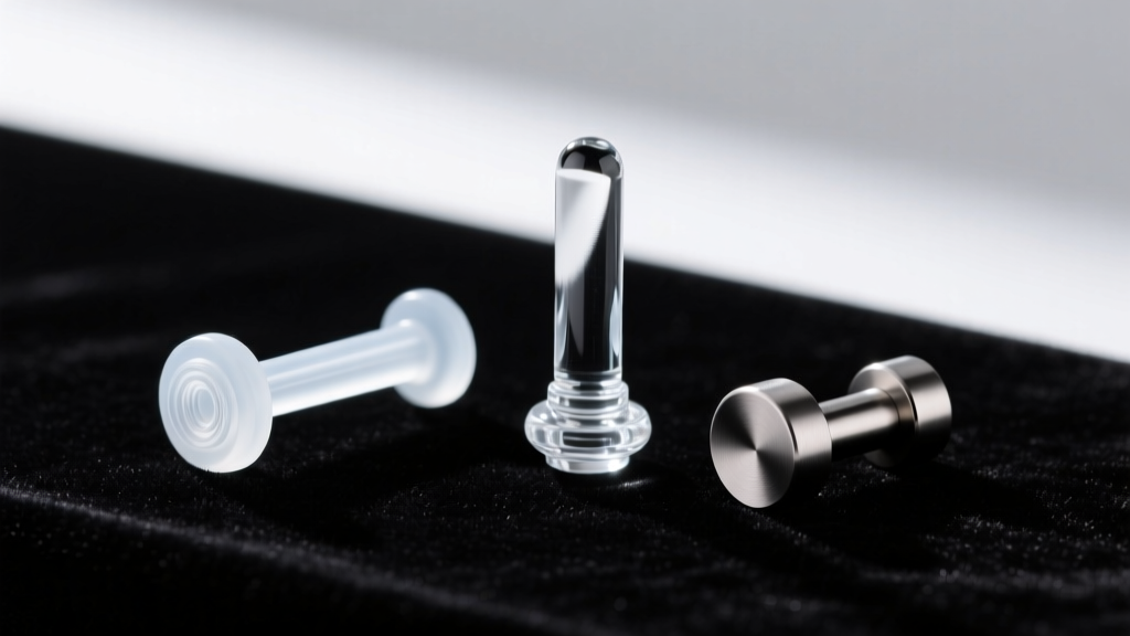 Three ear retainers on black velvet: a flexible PTFE barbell, a rigid borosilicate glass plug, and a matte titanium labret stud
