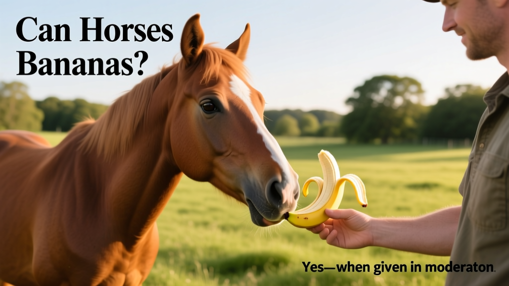 A horse gently accepting a sliced banana from a handler's hand
