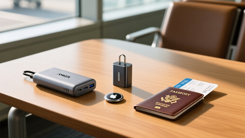 Flat lay of Anker 737 power bank, UGREEN GaN charger, and Apple AirTag on a wooden airport lounge table next to a passport