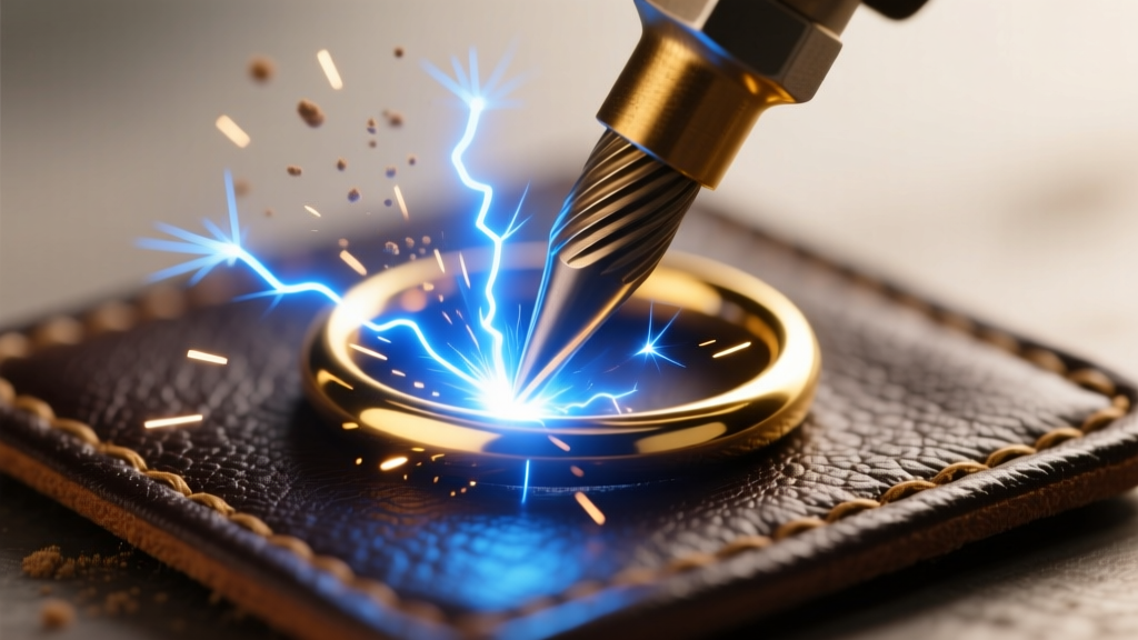 Macro shot of a tungsten electrode touching a 14k gold jump ring on a leather pad, emitting a bright blue pulse arc weld spark