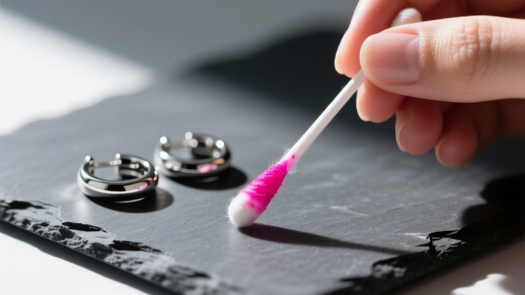 Cotton swab with bright pink residue from a dimethylglyoxime test, held next to silver-toned hoop earrings on a dark slate mat