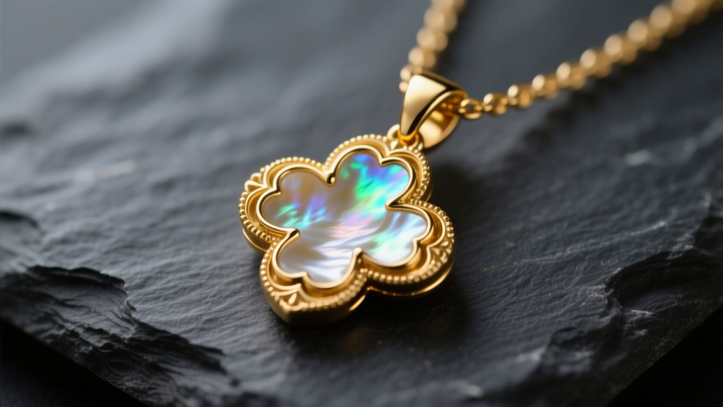 Macro shot of an 18k gold clover necklace pendant with mother of pearl inlay on dark slate under soft, warm studio lighting.