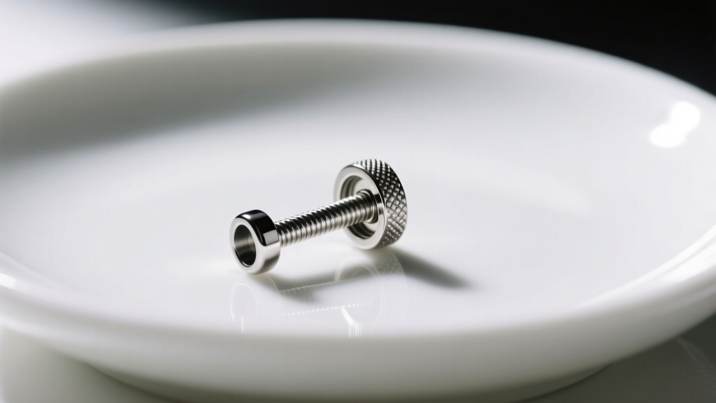 Macro shot of an internally threaded implant-grade titanium curved barbell navel earring resting on a clean, white ceramic dish.
