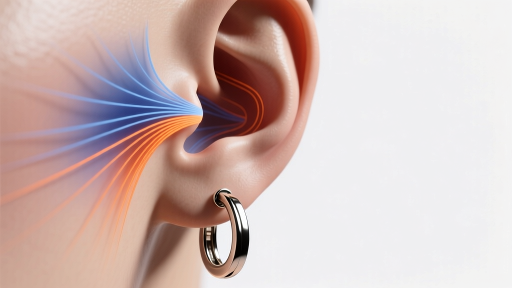 Technical diagram showing stress vectors on an earlobe wearing a heavy drop earring with a reinforced omega clip backing