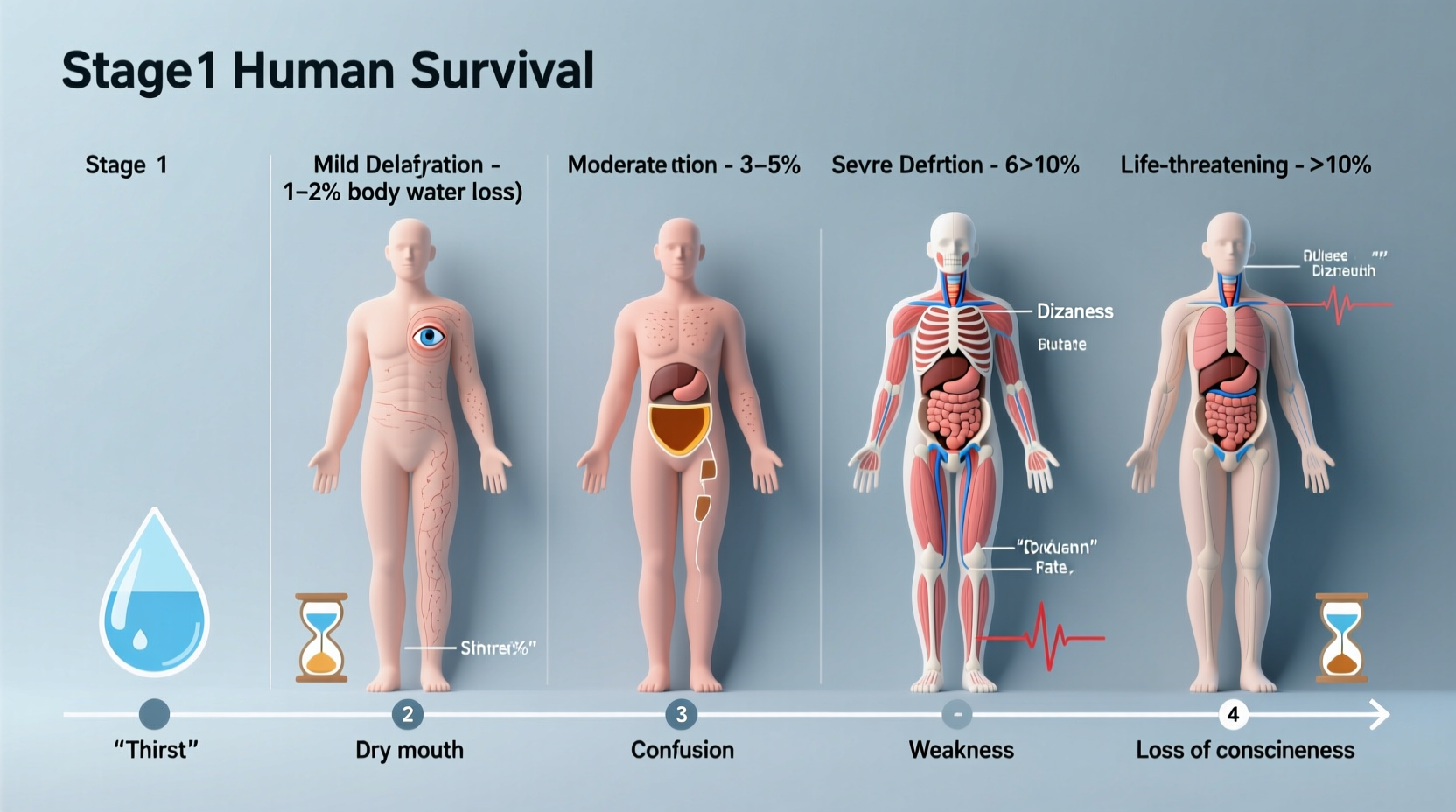 Human survival timeline showing dehydration stages