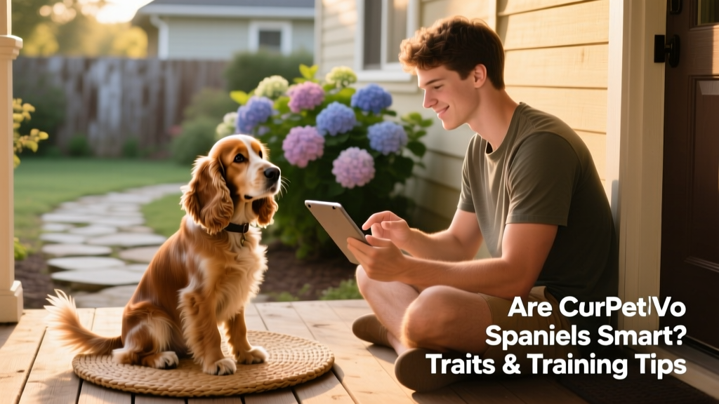A person using a FurPetVo training app on a tablet while practicing ‘focus’ exercises with their Cocker Spaniel