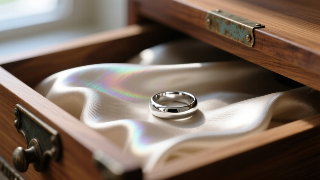 Macro shot of raw silk lining inside a cedar drawer, showing tight weave and luster beside a polished sterling silver ring.