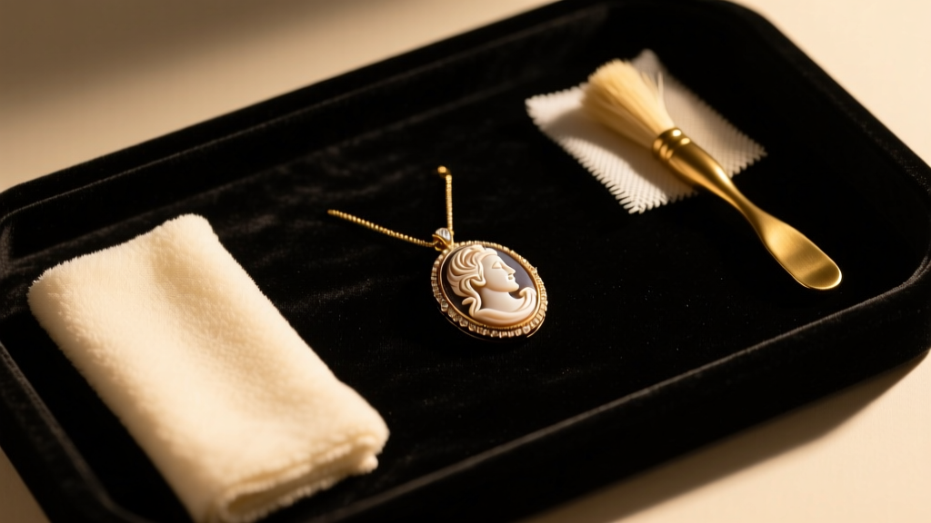 Flat lay of jewelry cleaning supplies, soft polishing cloth, and vintage cameo pendant on dark velvet tray, moody warm lighting.