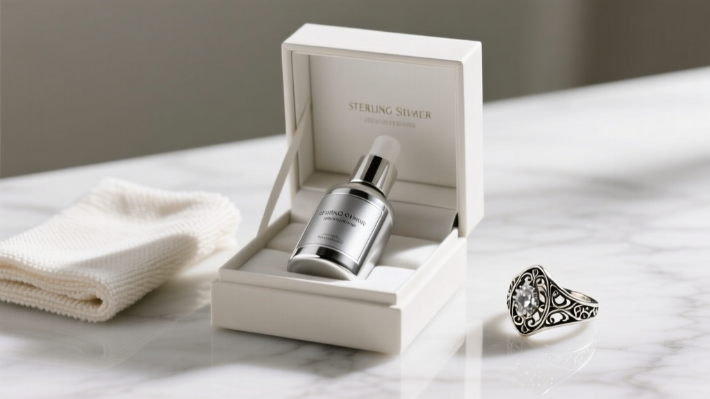 Gift box on marble holding a bottle of sterling silver cleaner for jewelry, a soft cloth, and an ornate tarnished silver ring.