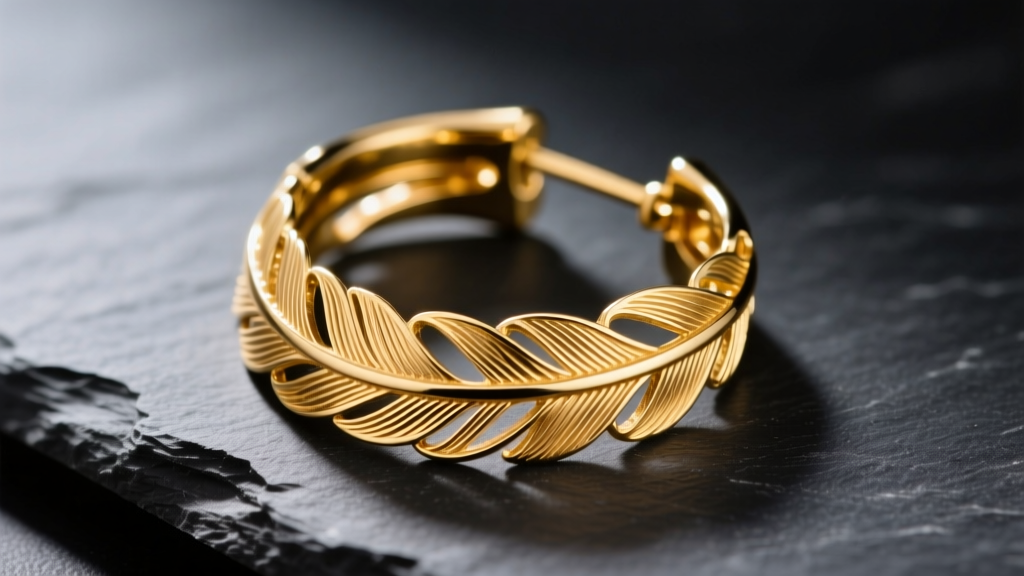 Close-up of 14k solid gold feather hoop earrings resting on dark slate, showcasing intricate filigree metalwork and hinged clasp.