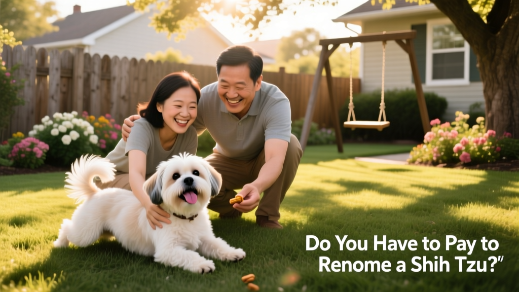 A happy Shih Tzu playing in a backyard with its new family, showing comfort and connection