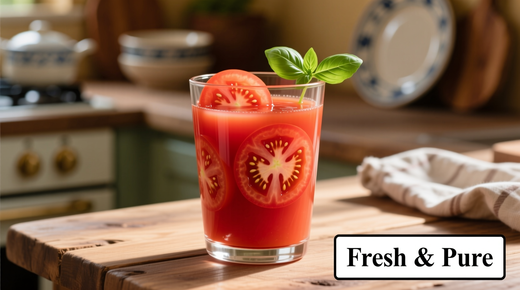 Fresh red gold tomato juice in glass with tomato slices