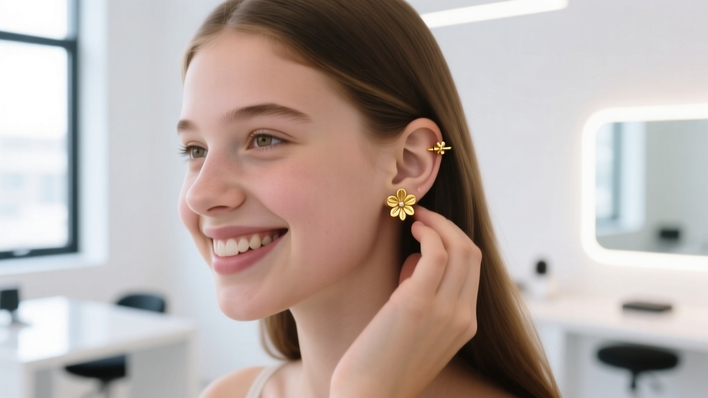 Smiling teen touching her earlobe to show a 14k gold threadless flower stud inside a bright, modern professional piercing studio