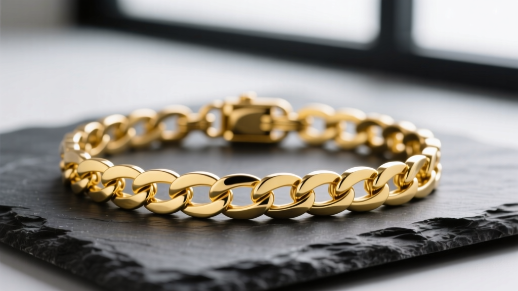Macro photography of a 10k gold filled chain bracelet resting on dark slate, showcasing its pale yellow hue and mechanical clasps.