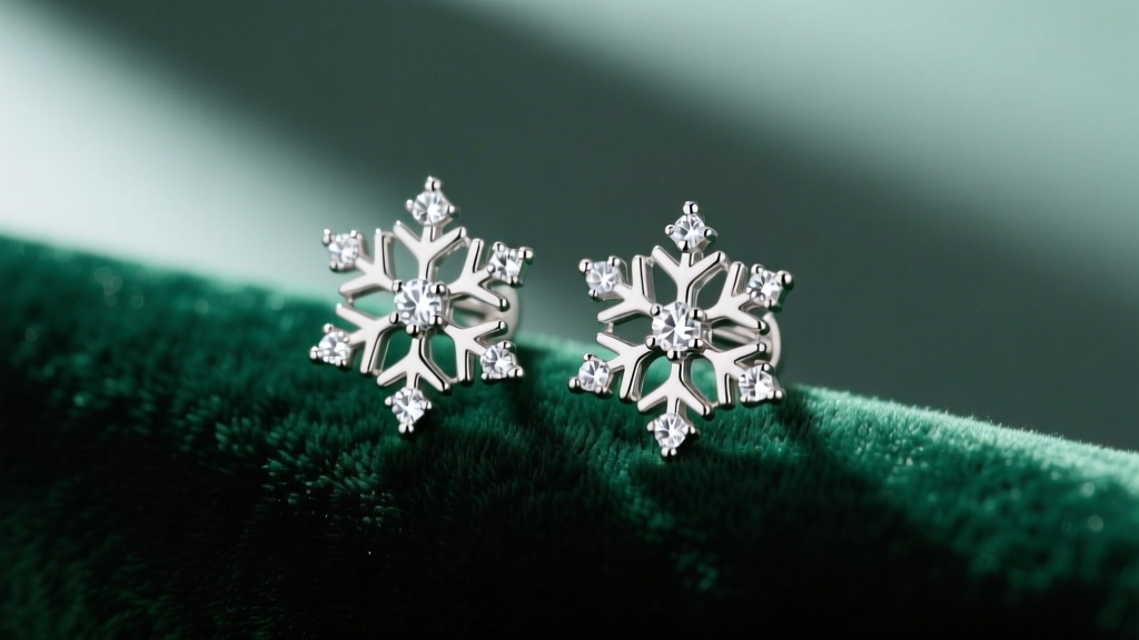 Close-up of .925 sterling silver snowflake stud earrings with cubic zirconia accents on dark green holiday velvet.