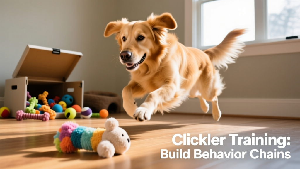 Dog mid-stride, running toward a plush toy lying on the floor, with a toy box visible in the background