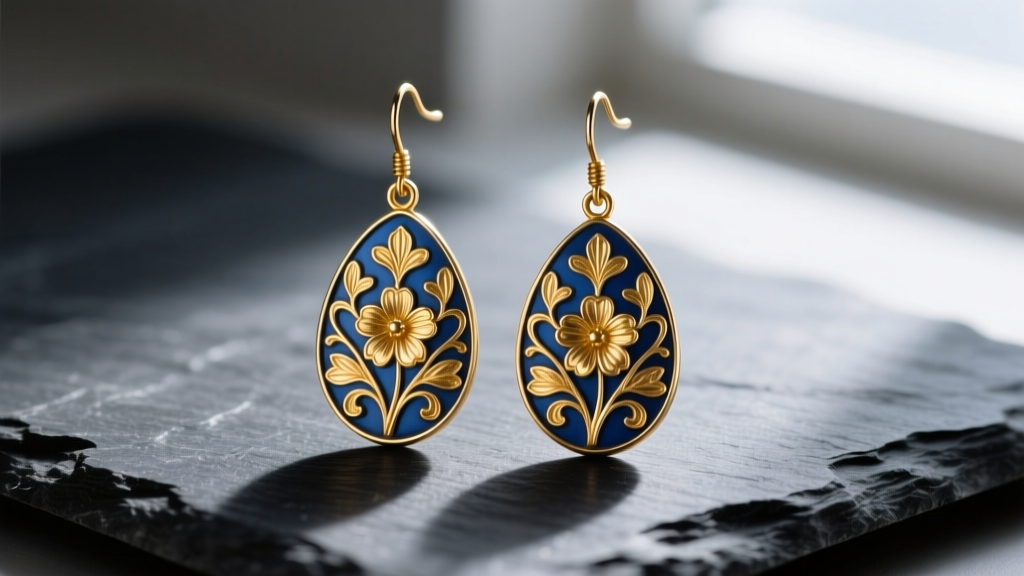 Close-up of Toledo damascene drop earrings with intricate 24k gold floral inlay on blued steel, resting on dark slate.