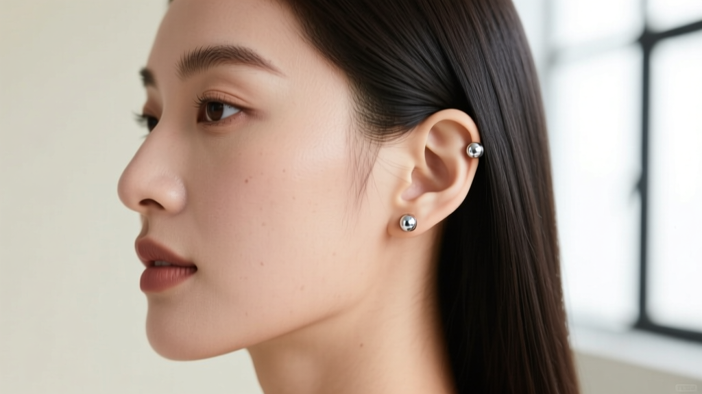 Side profile of a woman wearing 3mm flat-back sterling silver ball studs, highlighting the seamless fit against the earlobe skin