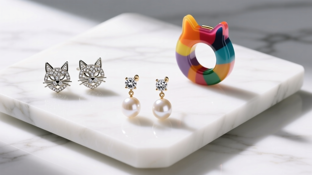 Overhead flat lay of three cat earring styles: diamond pave studs, pearl dangles, and colorful resin hoops on a white marble slab